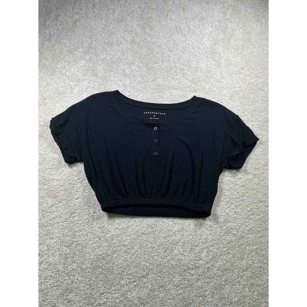 Aeropostale Shirt Womens Small Black Button Front Crop Top Ribbed Short Sleeve